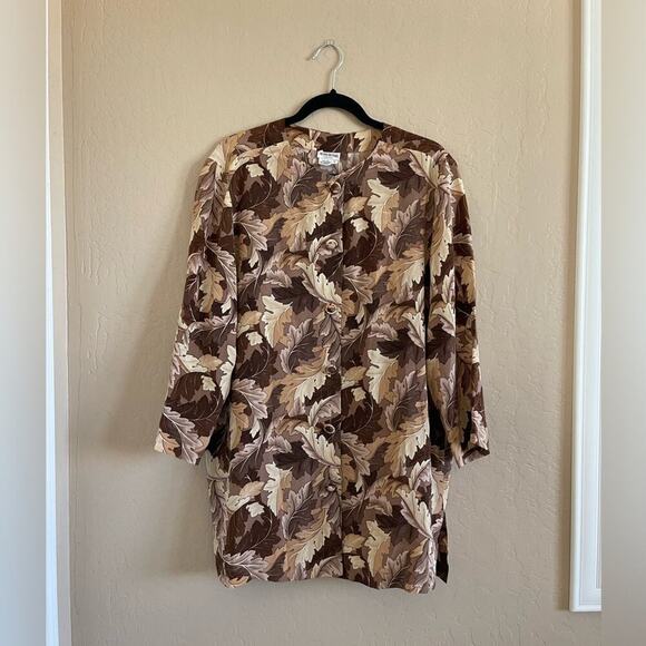 Henri Bendel 100% Silk Neutral Leaves Drape Long Cardigan Jacket Topper S - Picture 1 of 6